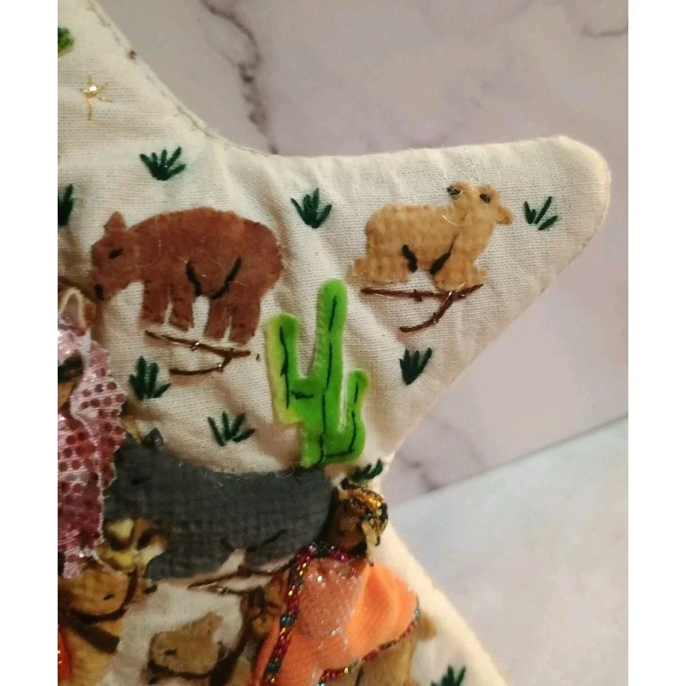 Vintage Fabric Nativity Scene Star‎ Tree Topper Metallic Vibrant Color Ornaments